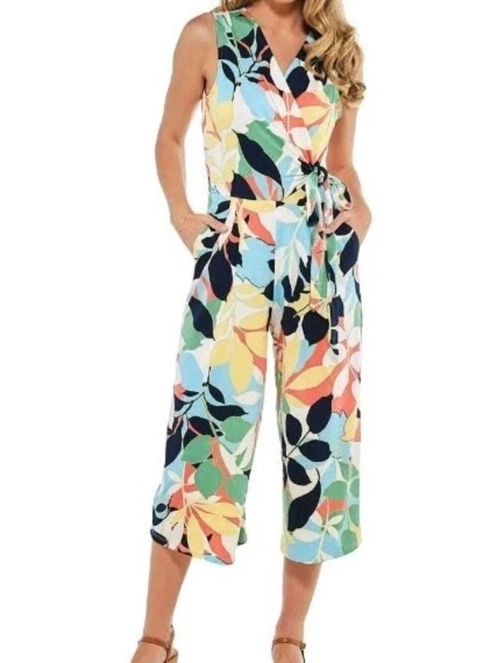 * Nina Leonard Sleeveless Tropical Print Surprice Wide Leg Cropped Jumpsuit S